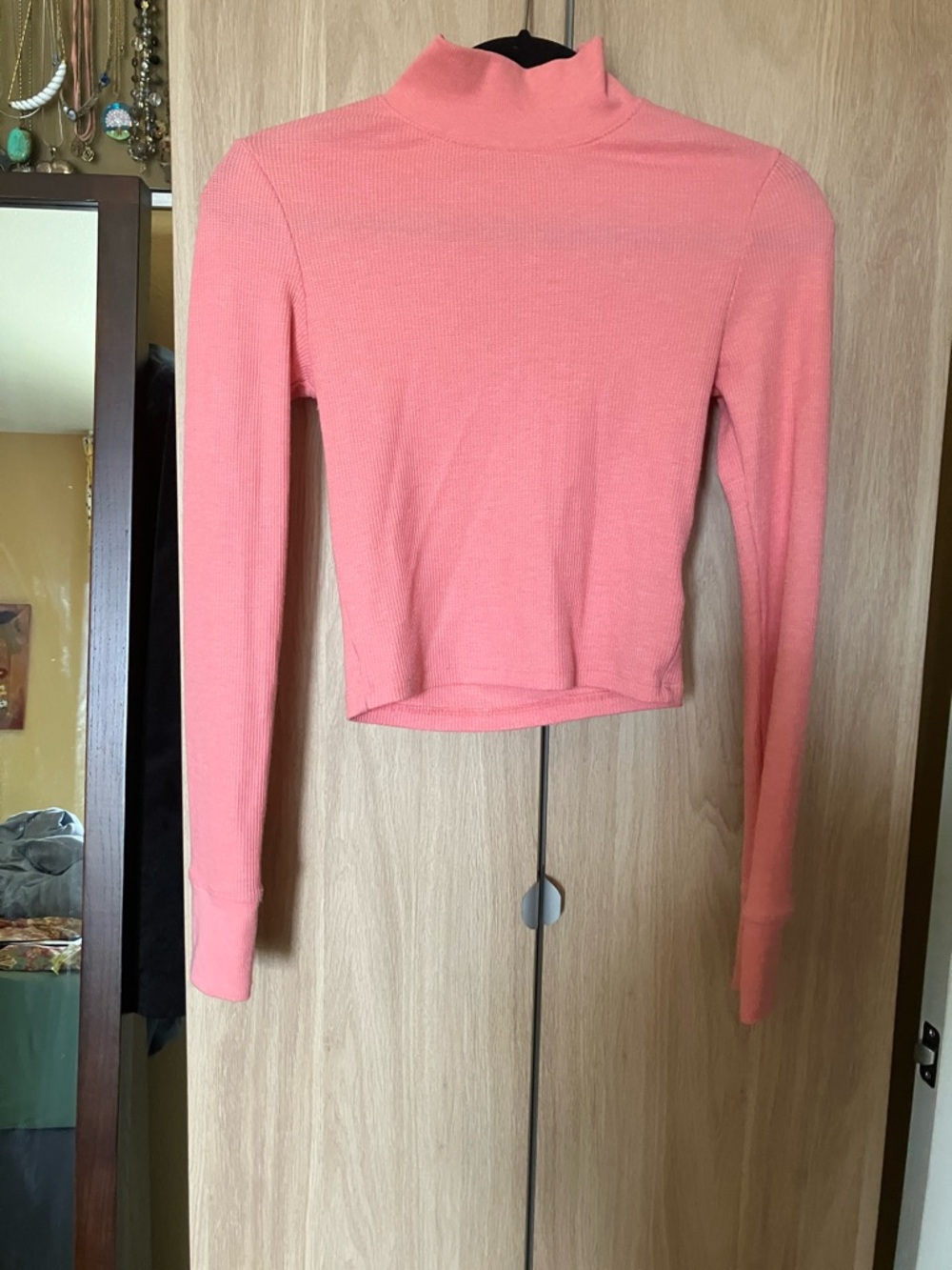 2 American Eagle - White and Pink waffle Long-Sleeve Mock Neck Tops